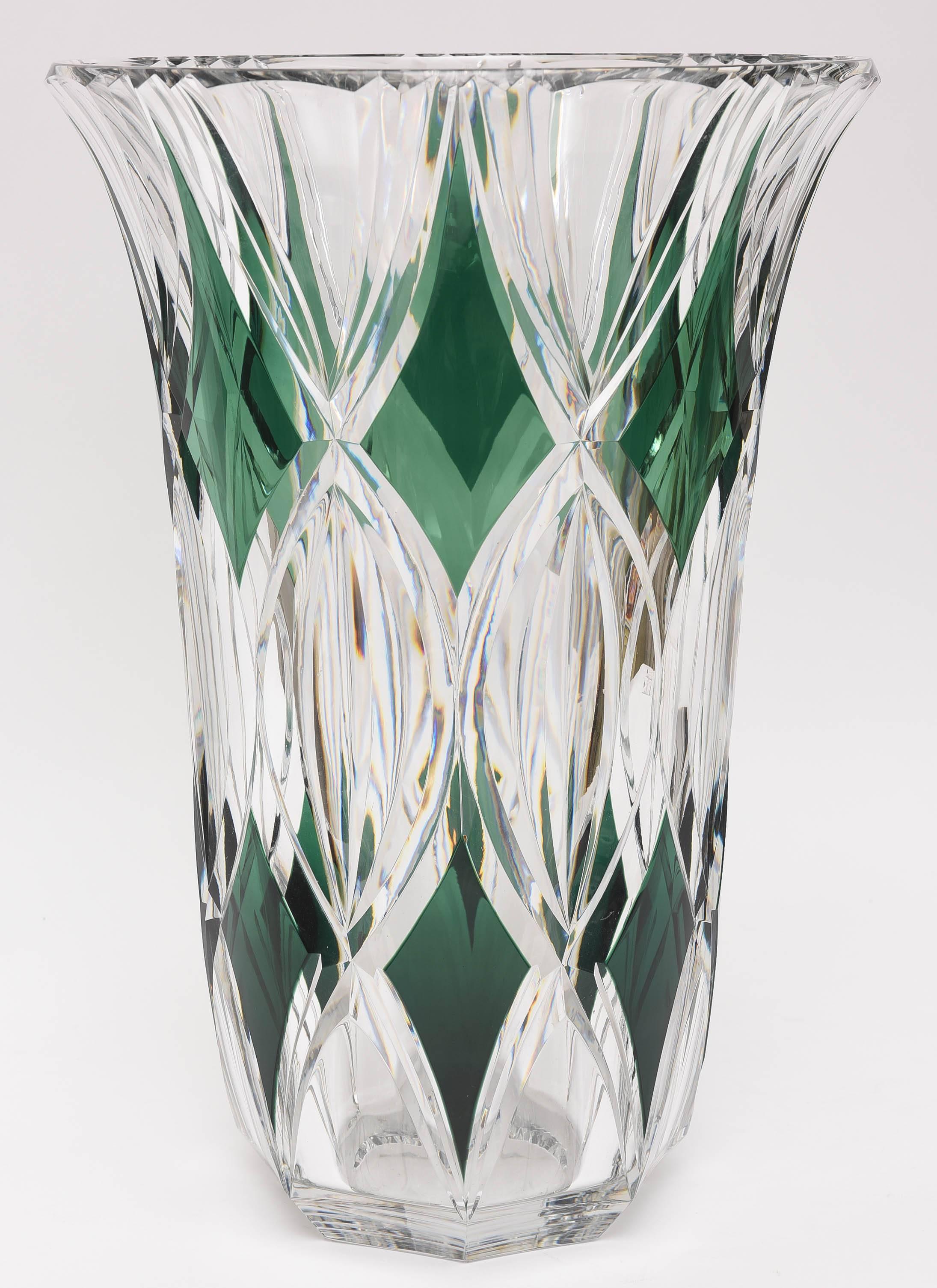 An exceptional piece of Vintage glass from one of our favorite makers: Val Saint Lambert. This monumental and very heavy piece features a modified cased emerald green diamond pattern in between elongated circles. Well proportioned and a nice flair