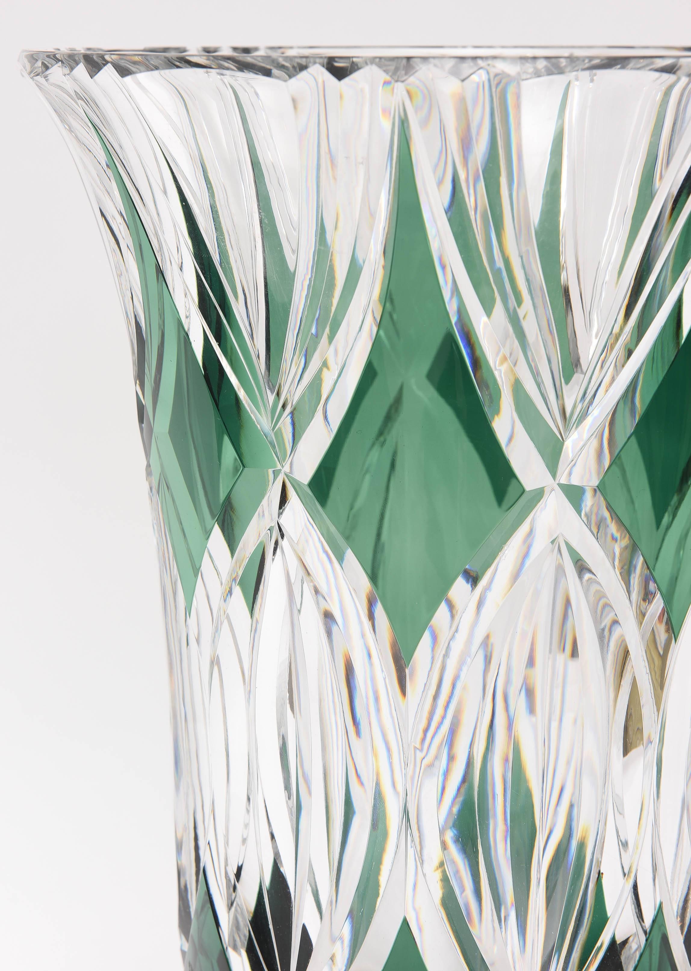 Belgian Signed Val St Lambert Tall and Very Heavy Art Glass Vase, Emerald Green Panels