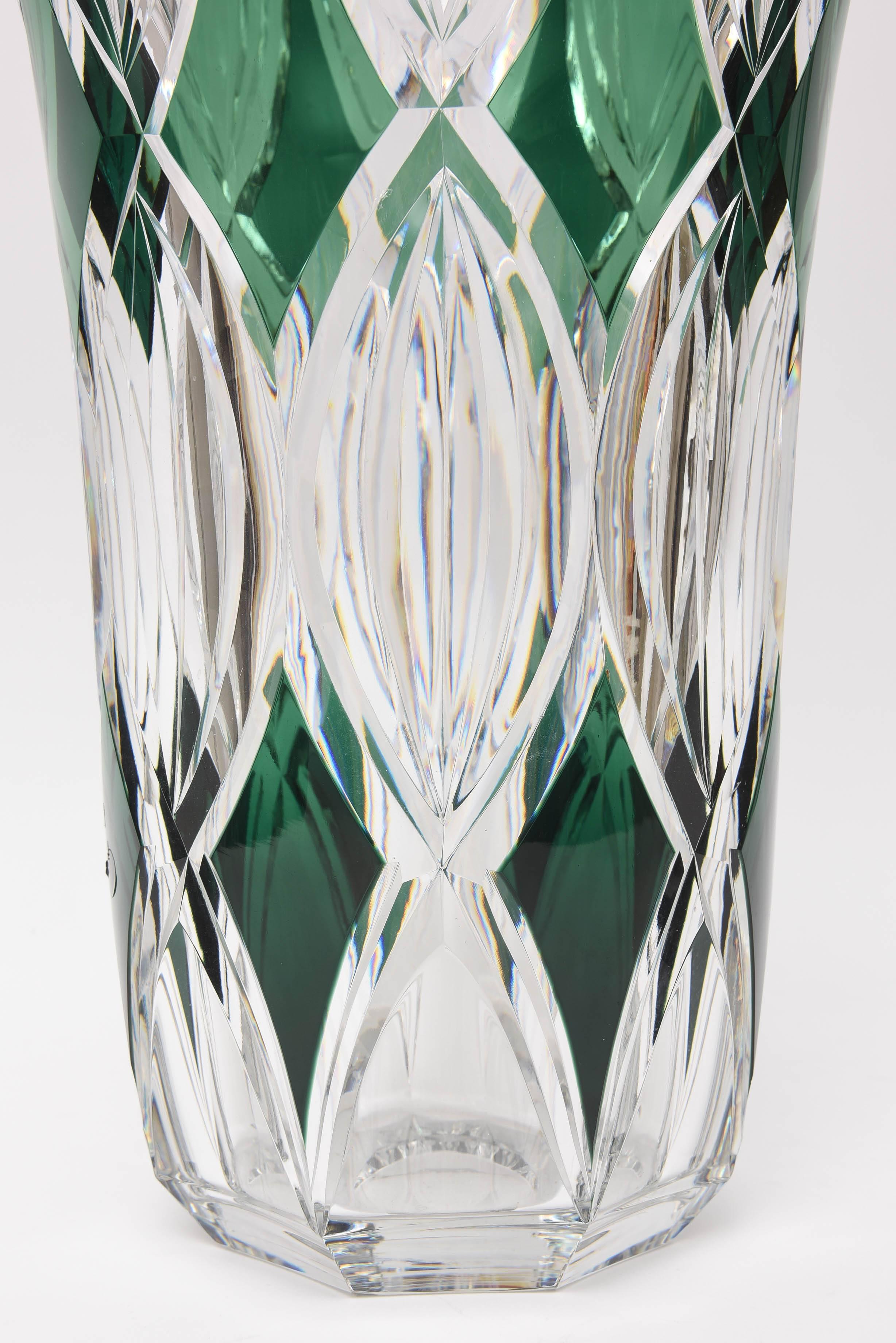 Signed Val St Lambert Tall and Very Heavy Art Glass Vase, Emerald Green Panels In Good Condition In West Palm Beach, FL