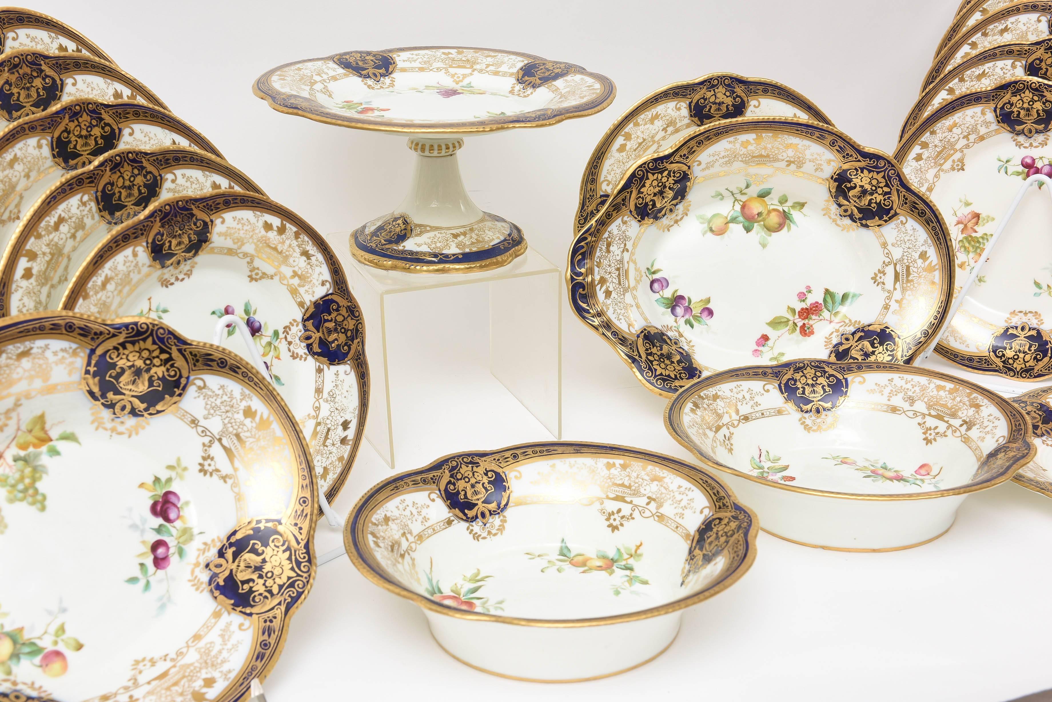 Hand-Crafted Antique English Cobalt Blue and Hand-Painted Dessert Service w Compotes 18 Piece