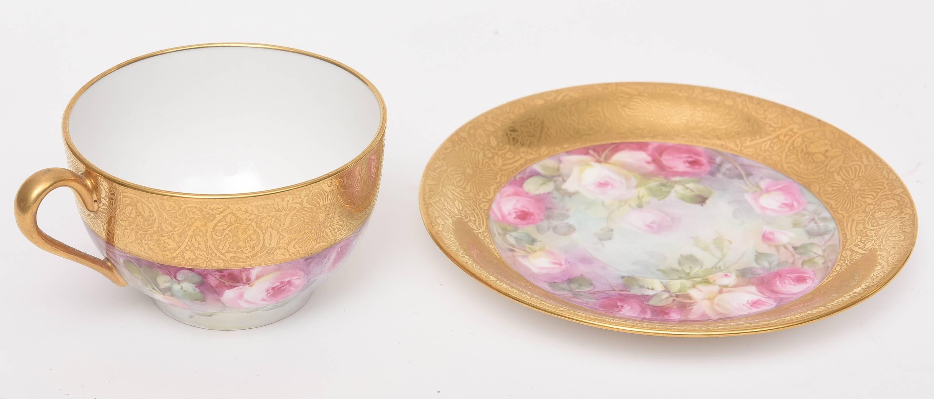 American Set of 12 Hand-Painted and Gilt Encrusted Cup and Saucers, 24 Pieces Total For Sale
