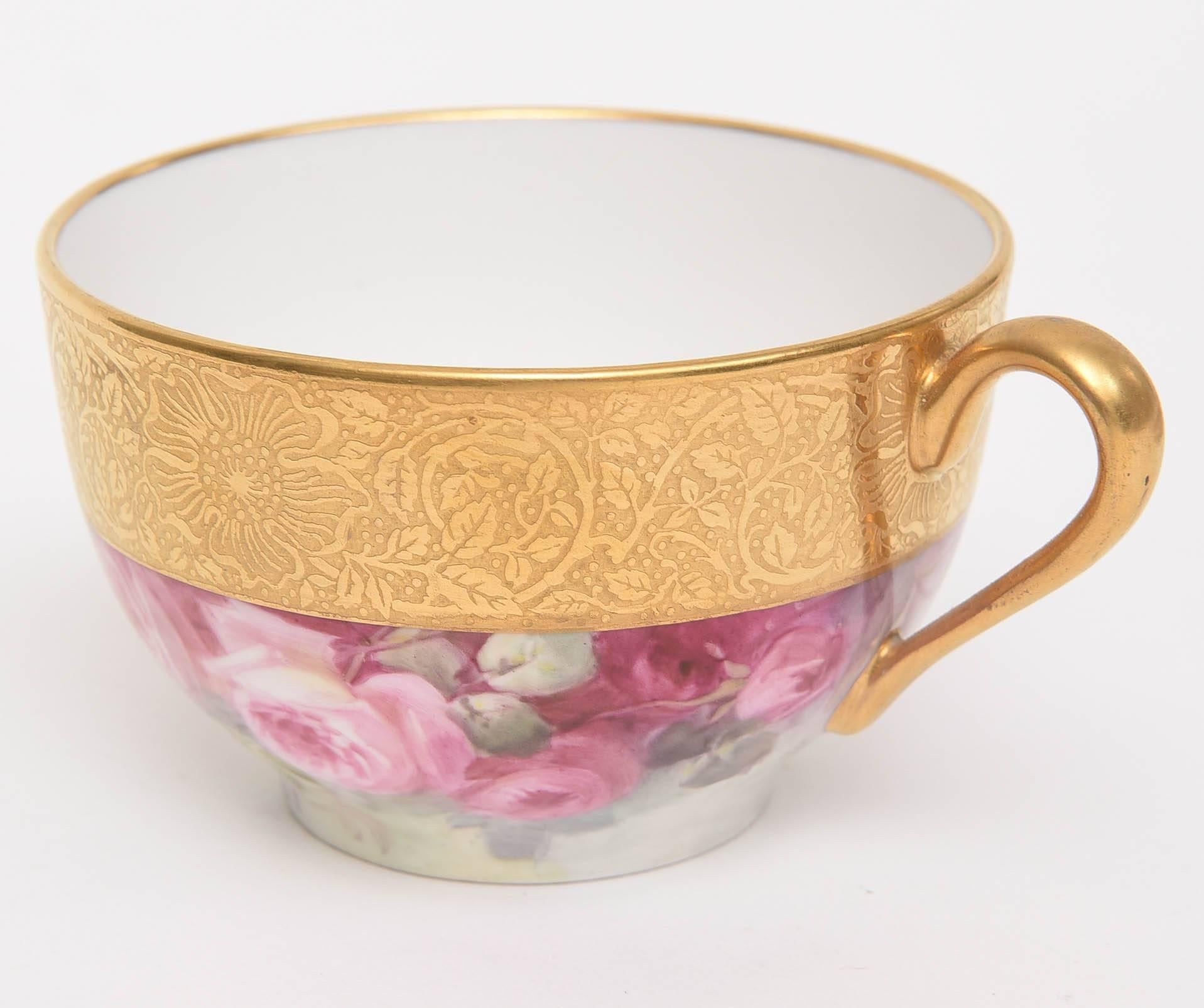 Early 20th Century Set of 12 Hand-Painted and Gilt Encrusted Cup and Saucers, 24 Pieces Total For Sale
