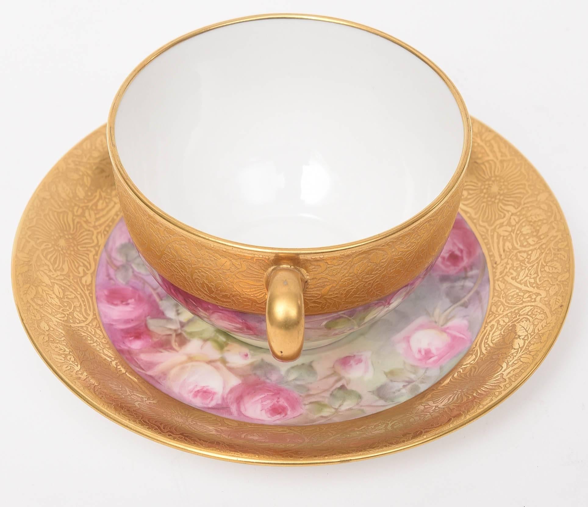 Set of 12 Hand-Painted and Gilt Encrusted Cup and Saucers, 24 Pieces Total For Sale 2