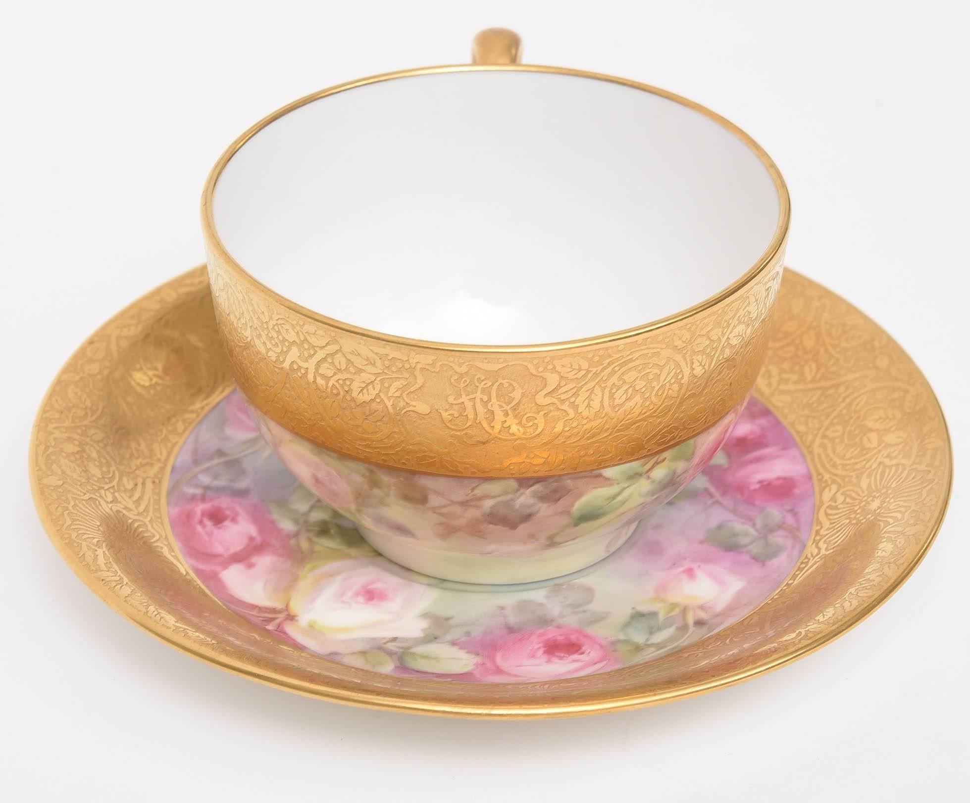 Set of 12 Hand-Painted and Gilt Encrusted Cup and Saucers, 24 Pieces Total For Sale 3