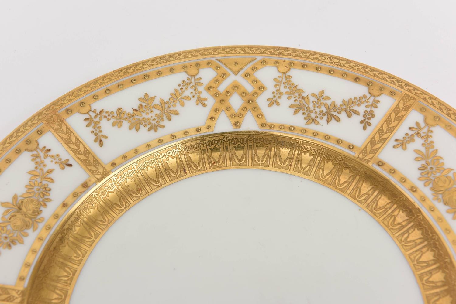 12 Antique English Dinner Plates with Raised Tooled Gold, Hand