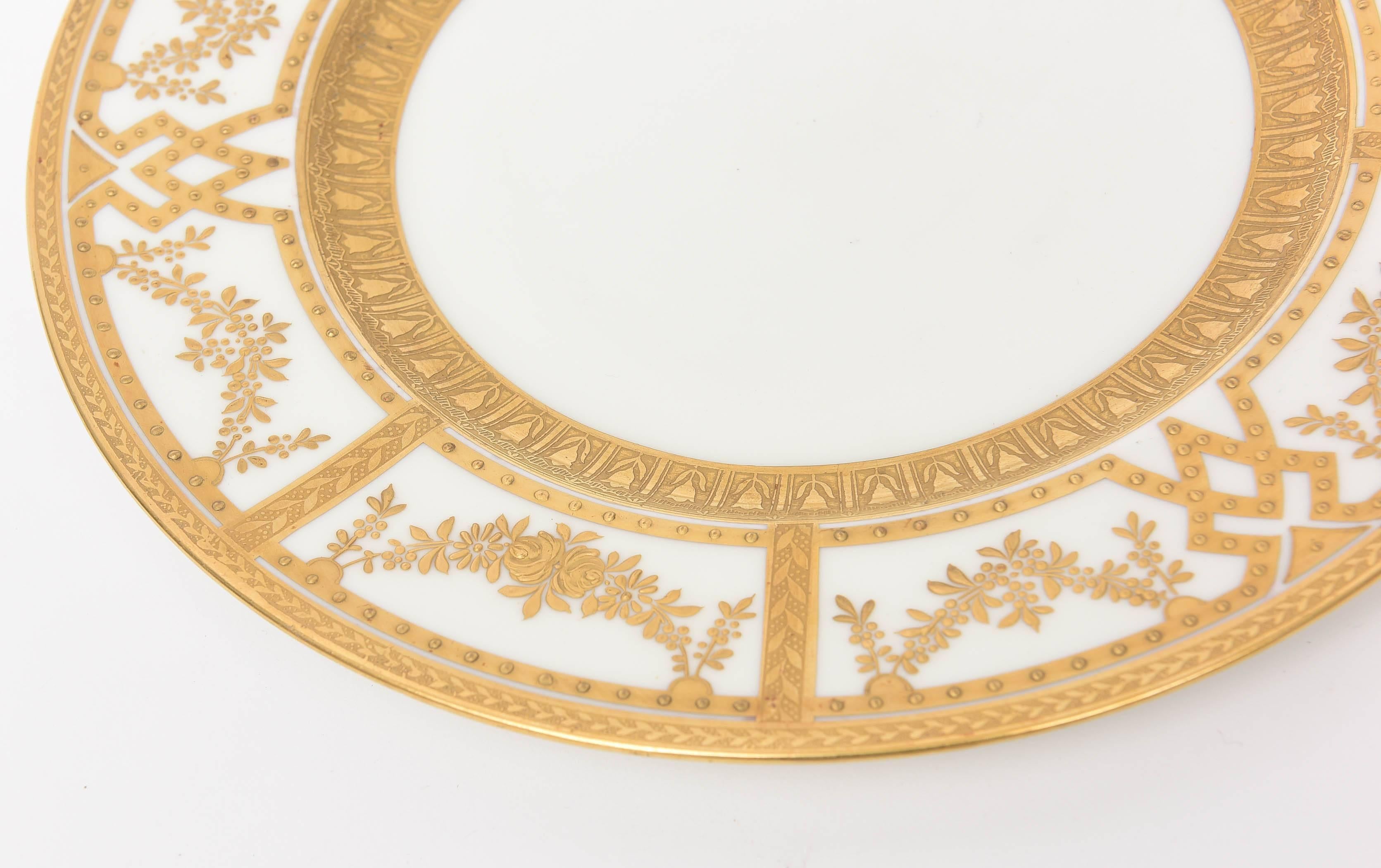 Hand-Crafted 12 Antique English Dinner Plates with Raised Tooled Gold, Hand Decorated