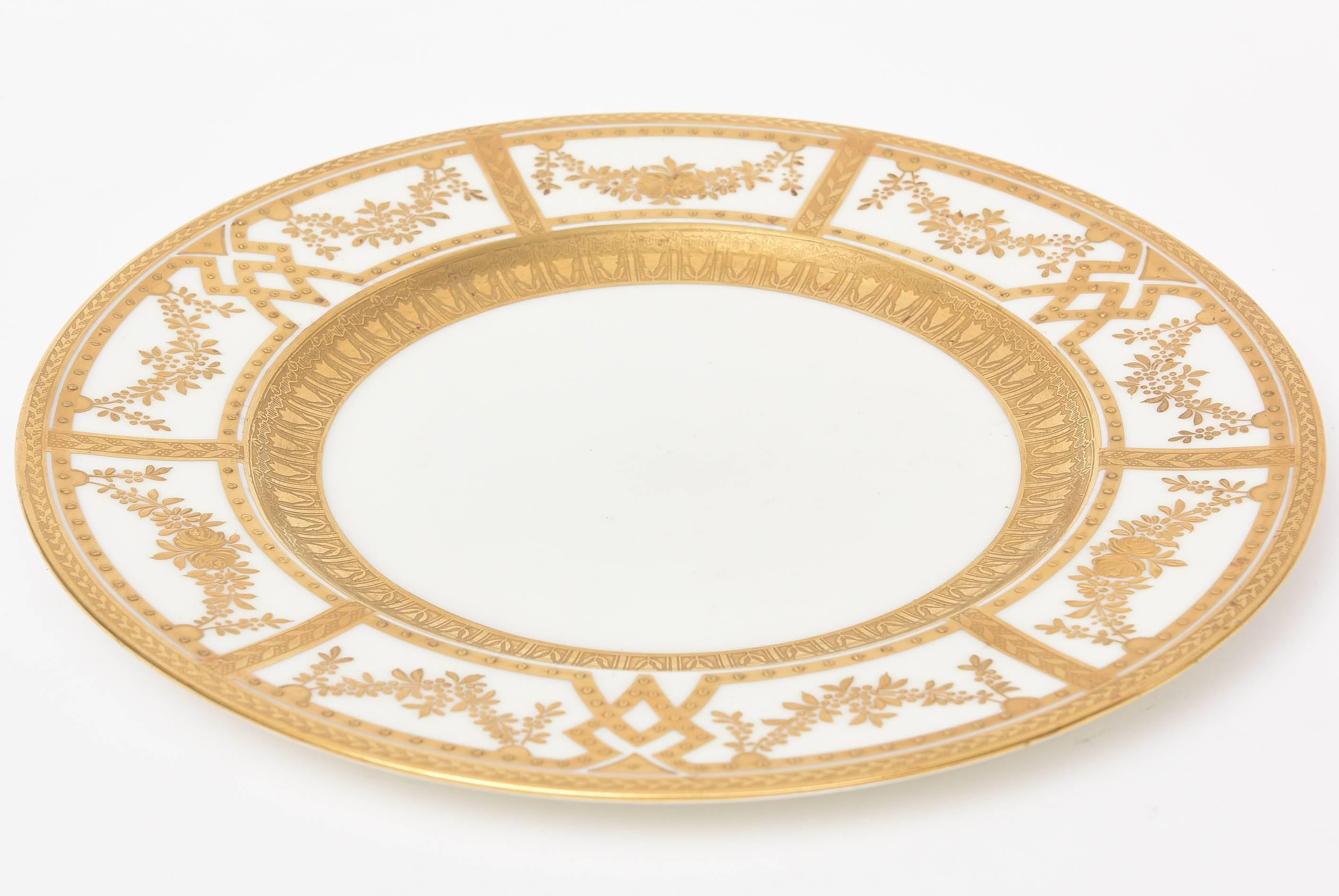 12 Antique English Dinner Plates with Raised Tooled Gold, Hand Decorated In Good Condition In West Palm Beach, FL