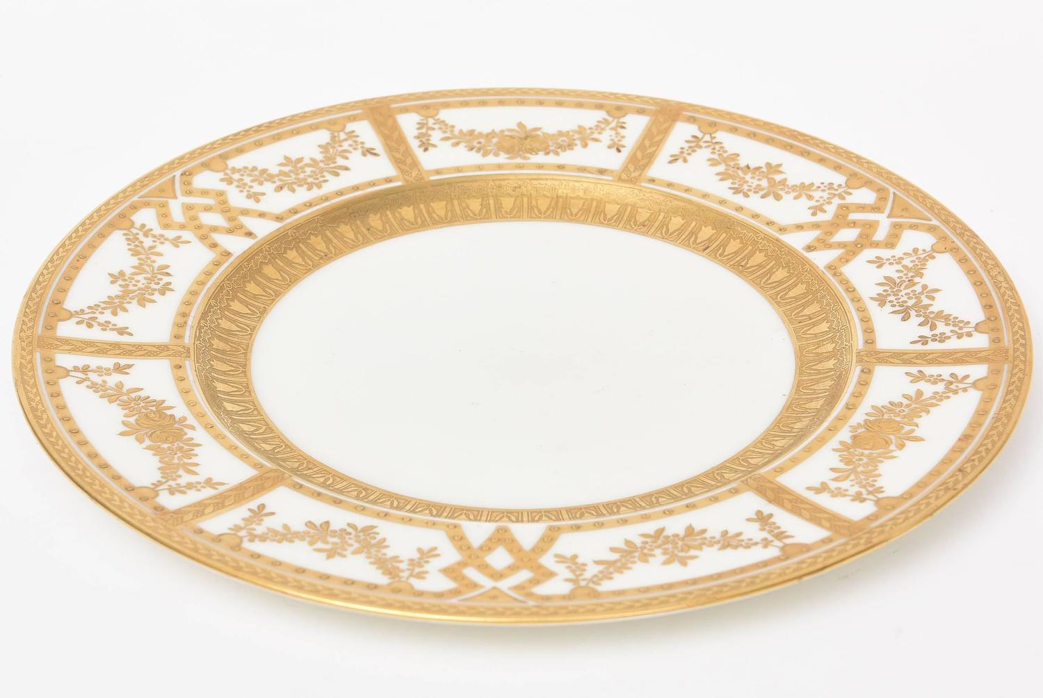 12 Antique English Dinner Plates with Raised Tooled Gold, Hand