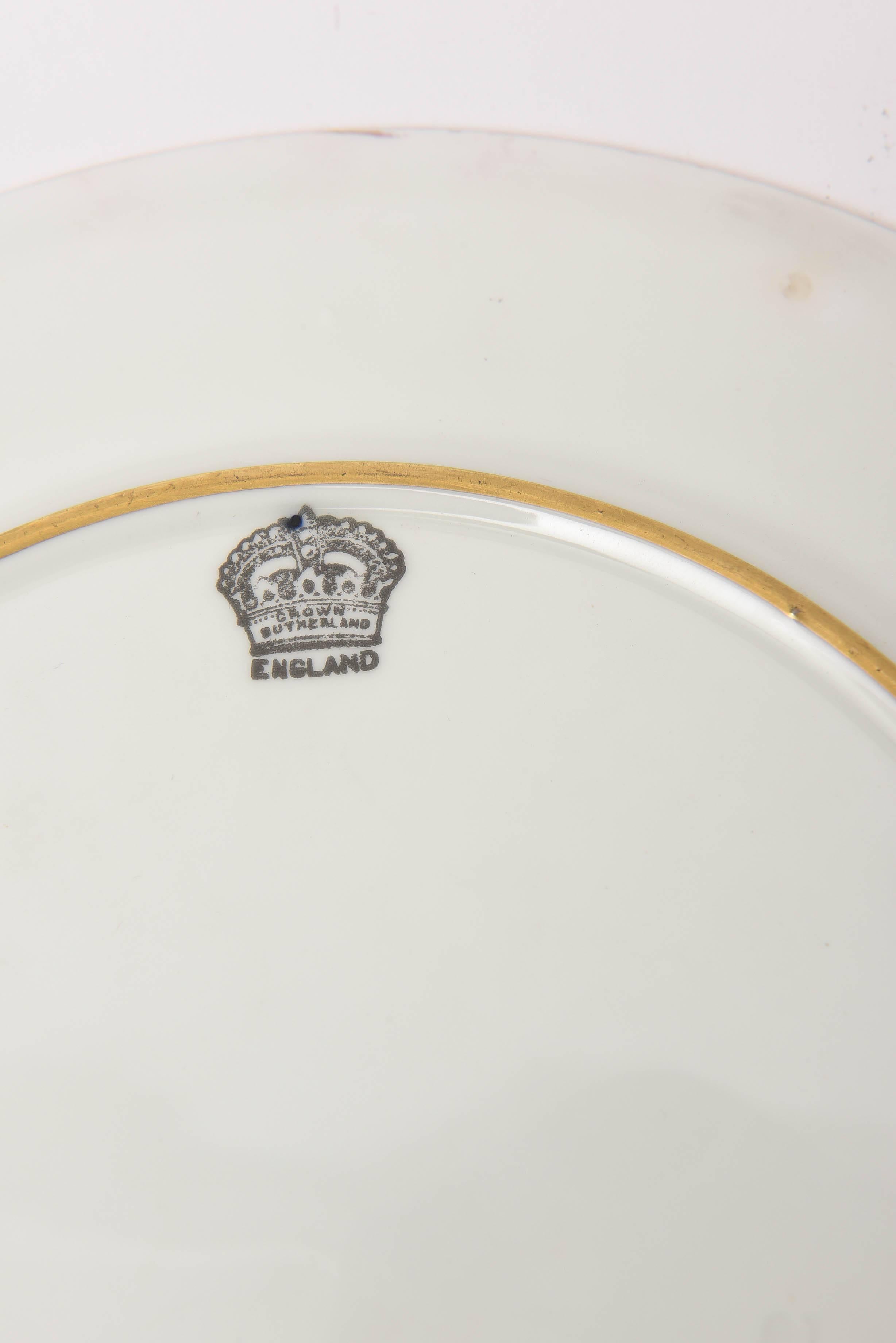 Early 20th Century 12 Antique English Dinner Plates with Raised Tooled Gold, Hand Decorated