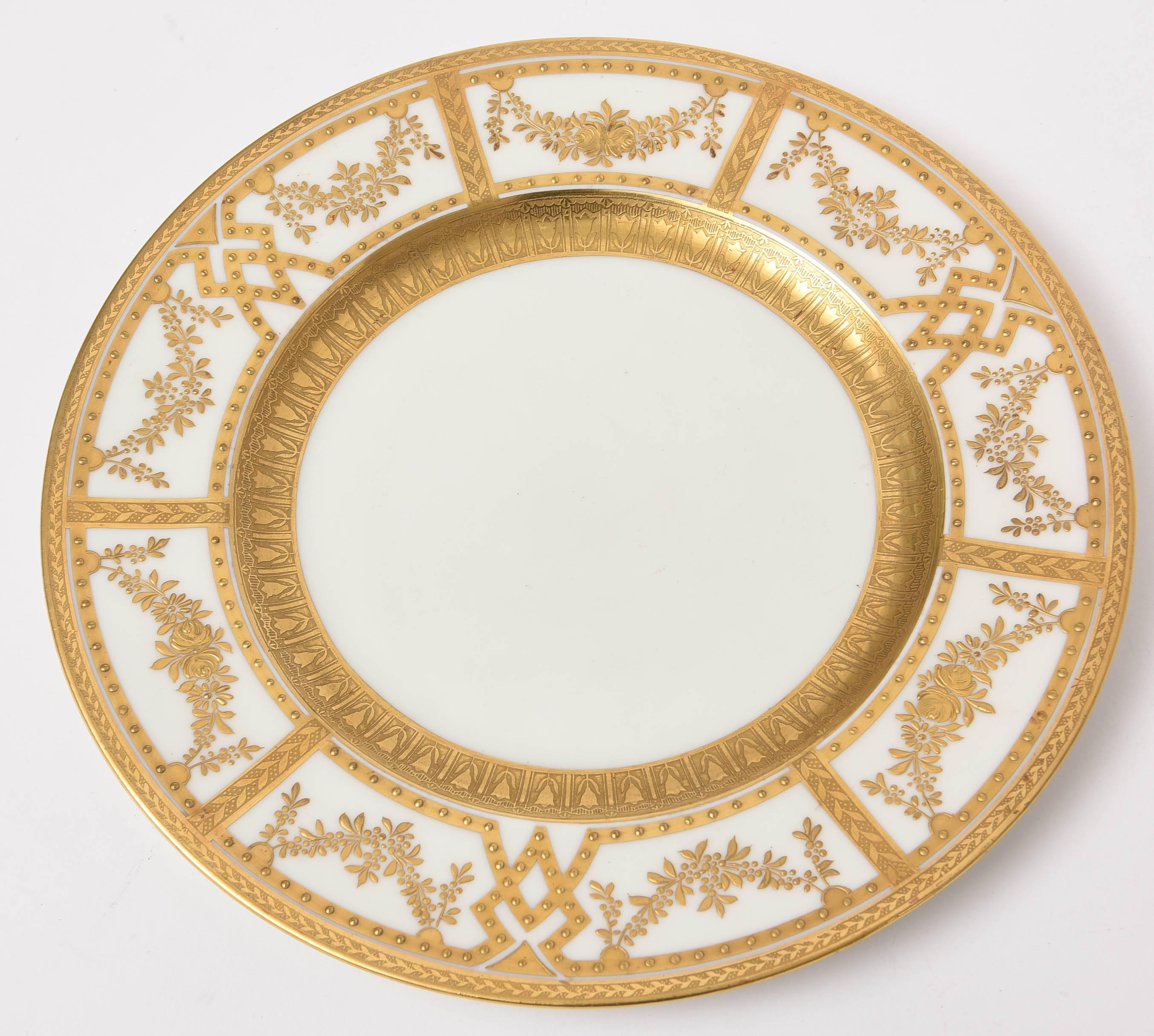 12 Antique English Dinner Plates with Raised Tooled Gold, Hand Decorated 3