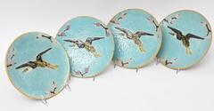Set of Four Antique Holdcroft, England Turquoise Majolica Plates, "Flying Crane"