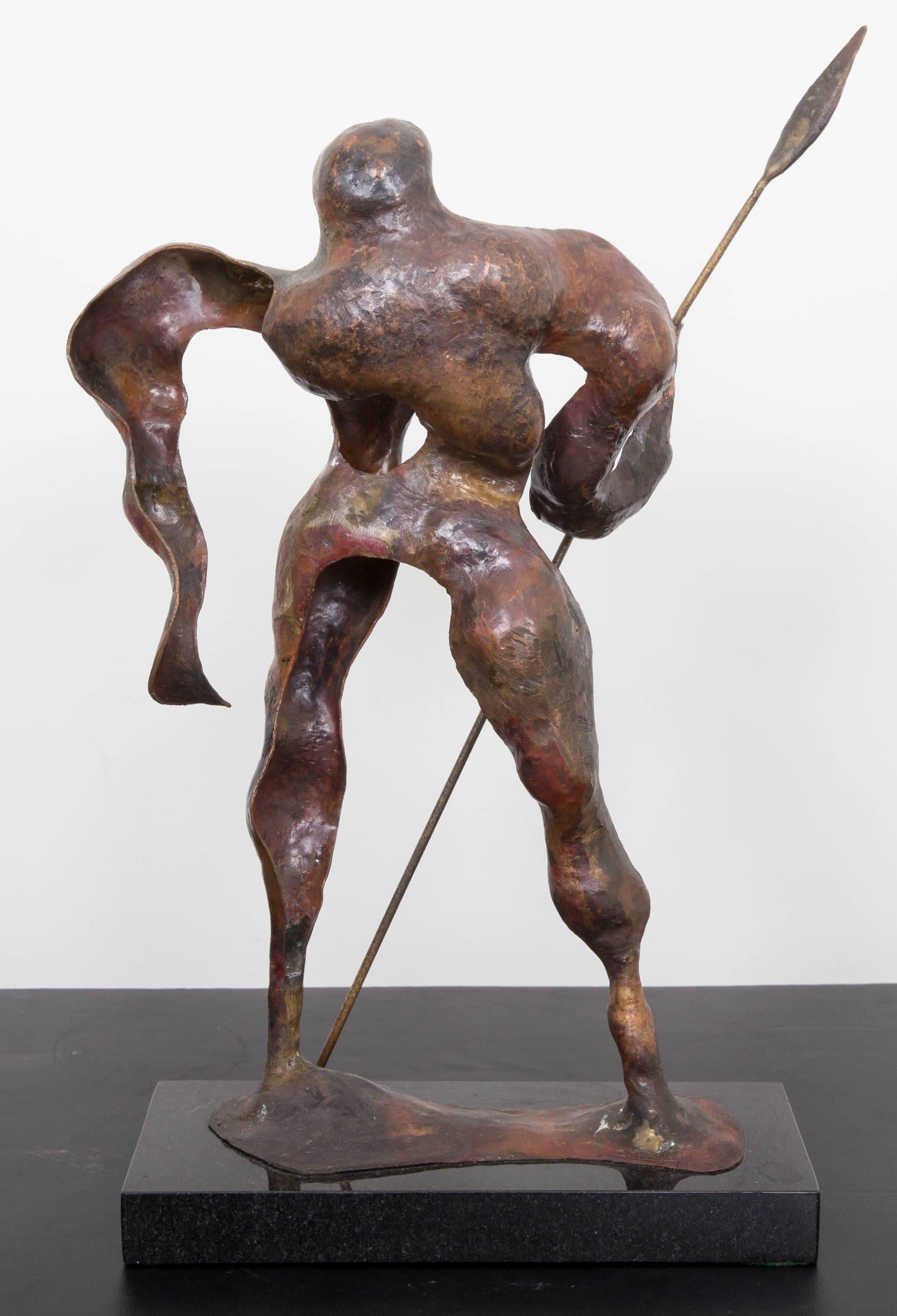 American Modern Bronze Sculpture of Hunter with Spear For Sale