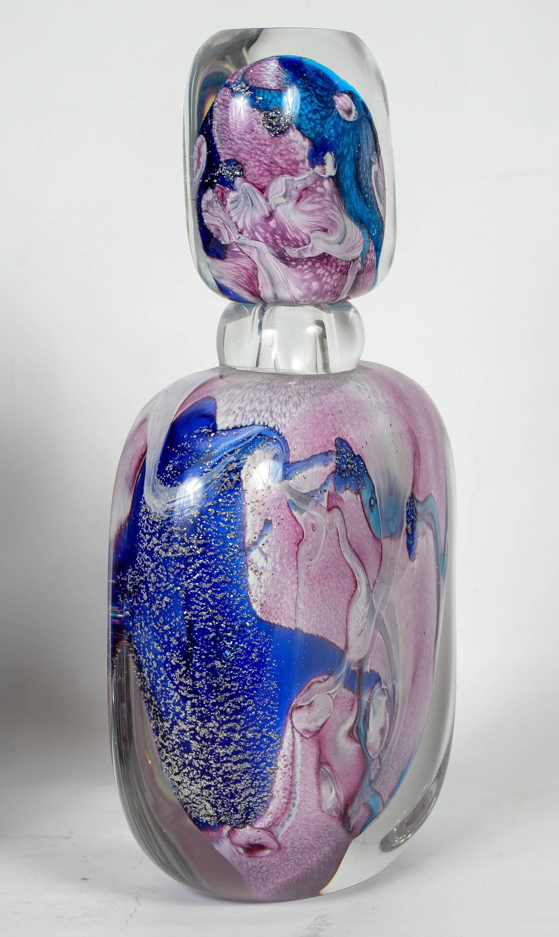 Italian Pair of Perfume Bottles in Murano Glass, Signed by Michele Onesto