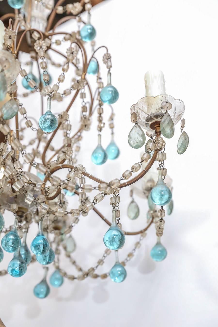 Petite Italian Chandelier with Accent Blue Murano Glass Drops and Crystals In Good Condition In Houston, TX