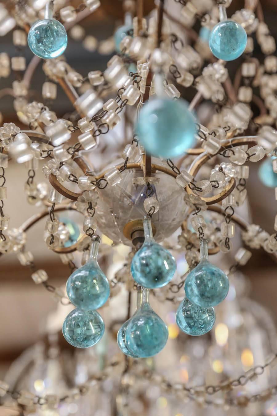 20th Century Petite Italian Chandelier with Accent Blue Murano Glass Drops and Crystals