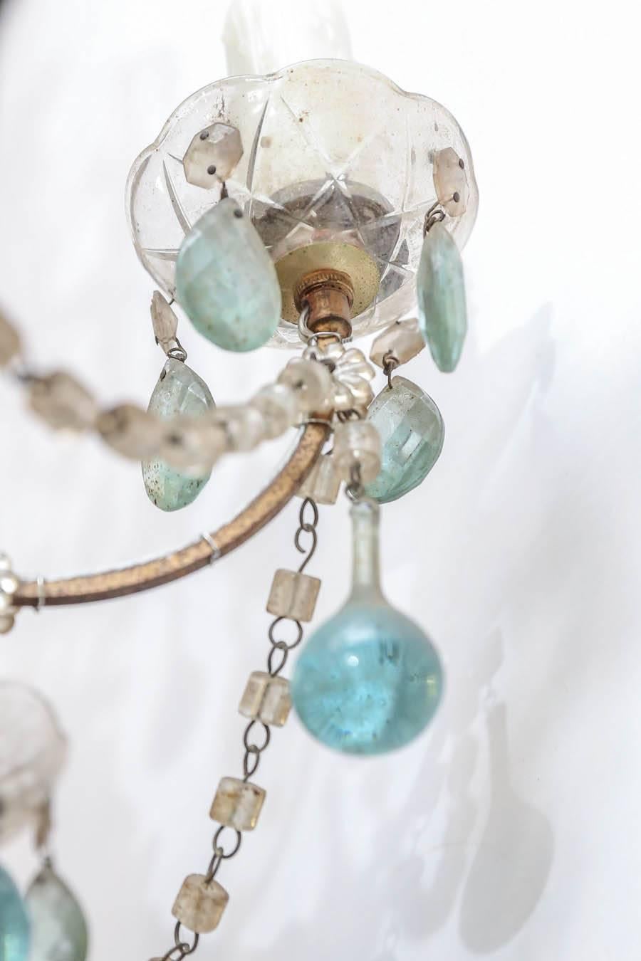 Blown Glass Petite Italian Chandelier with Accent Blue Murano Glass Drops and Crystals