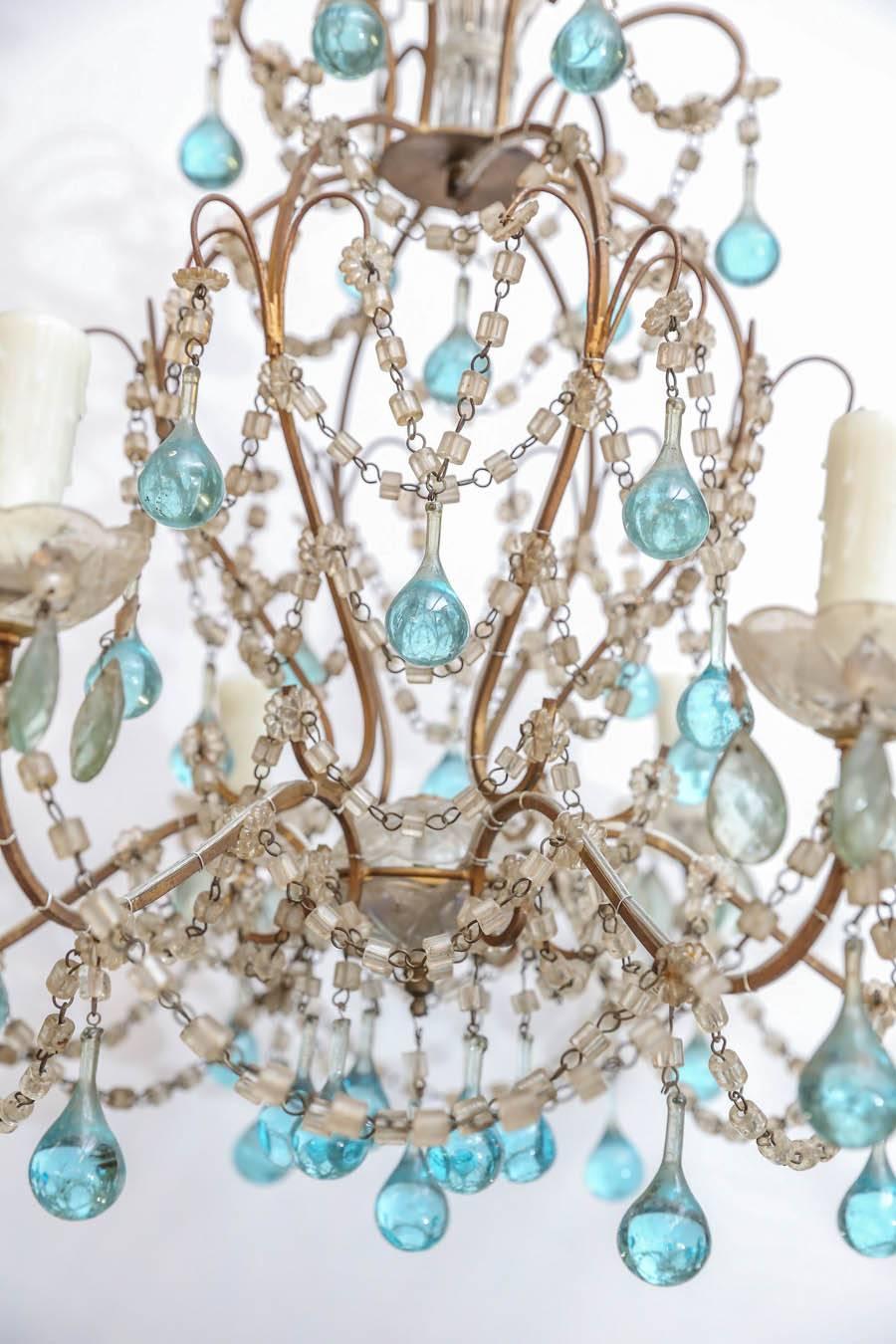 Petite Italian Chandelier with Accent Blue Murano Glass Drops and Crystals 1