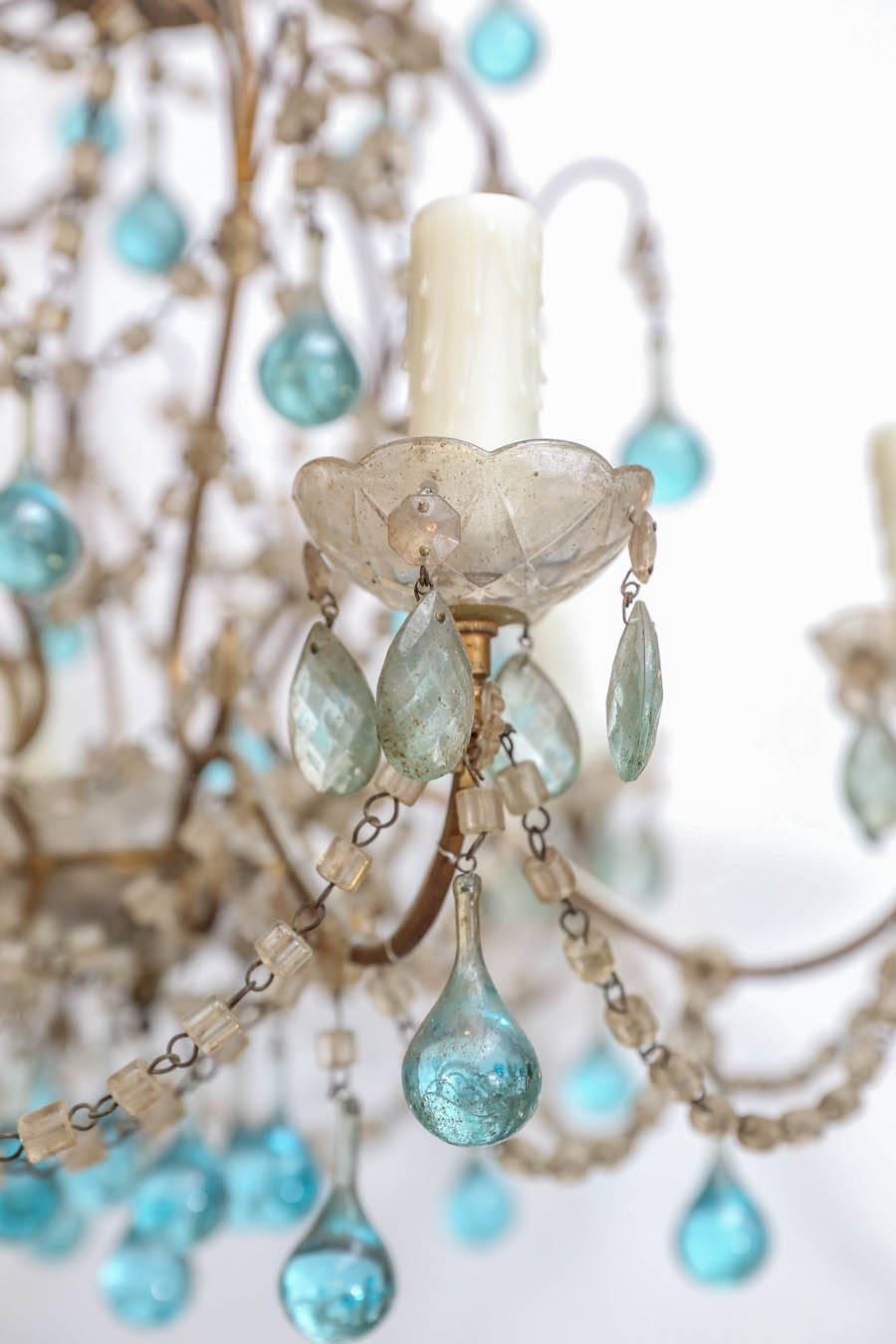 Petite Italian Chandelier with Accent Blue Murano Glass Drops and Crystals 2
