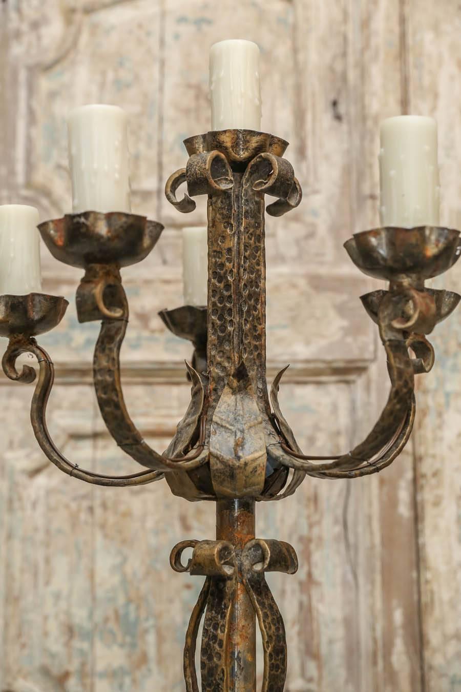 Spanish 19th Century Iron and Wood Candelabras Made into Lamps In Good Condition In Houston, TX