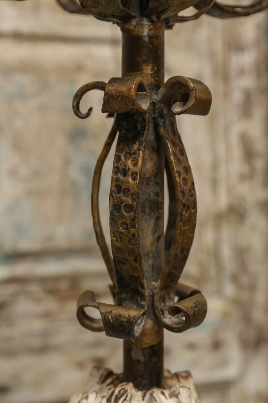 Spanish 19th Century Iron and Wood Candelabras Made into Lamps 1