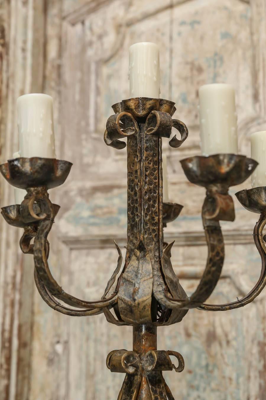 Spanish 19th Century Iron and Wood Candelabras Made into Lamps 2