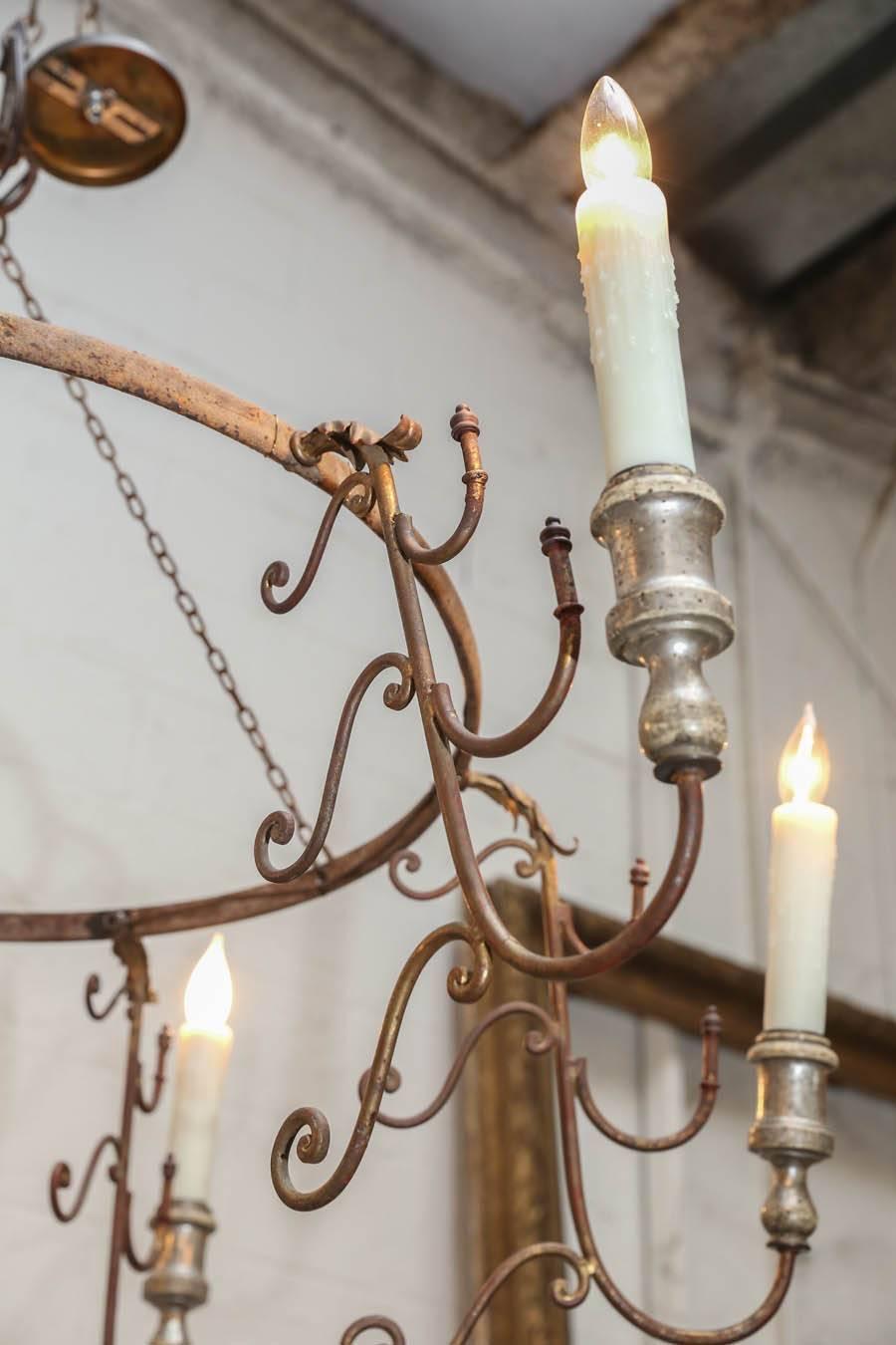 Italian Chandelier Iron and Wood Bobeches, Newly Wired In Good Condition In Houston, TX