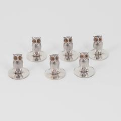Set of Six Silver Owl Menu Holders