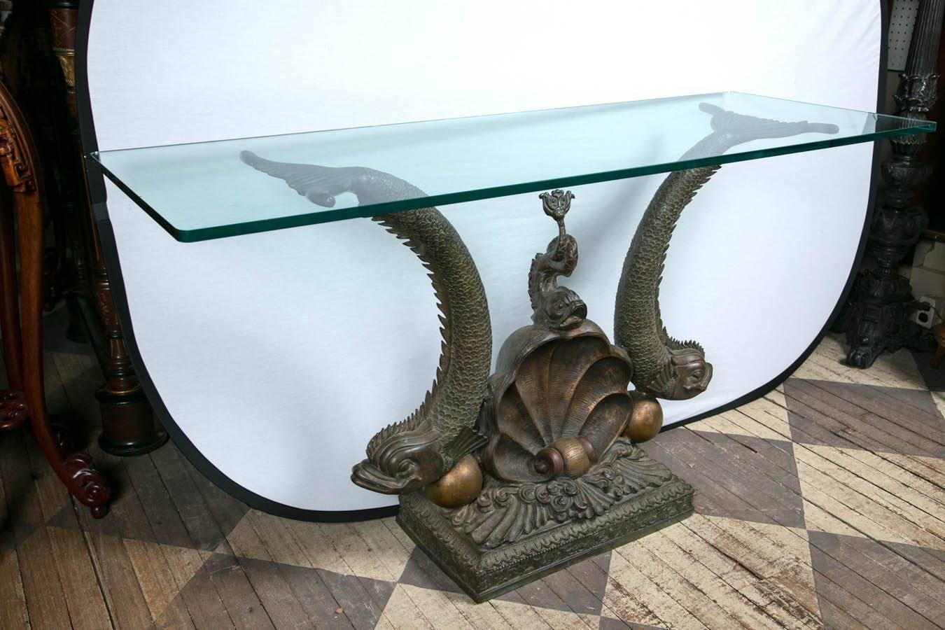 Fantastic Glass Topped Bronze Dolphins Console Table For Sale at 1stdibs