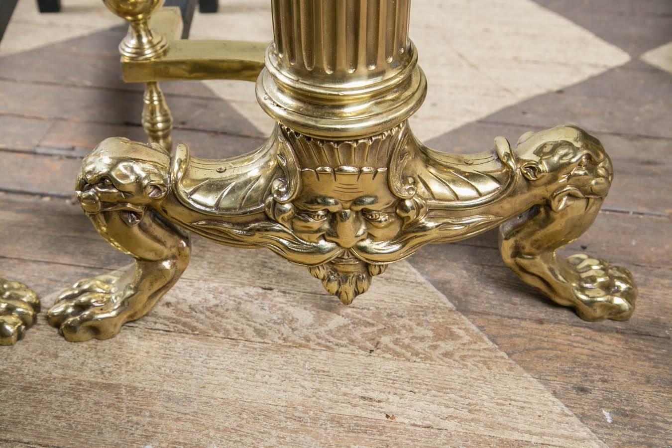 20th Century Tall Classical Pair of Polished Brass Andirons For Sale