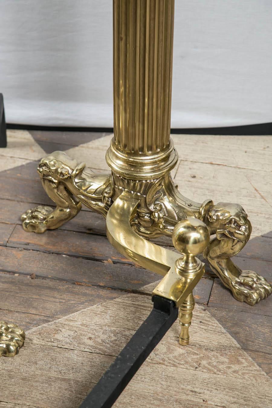 Tall Classical Pair of Polished Brass Andirons For Sale 2