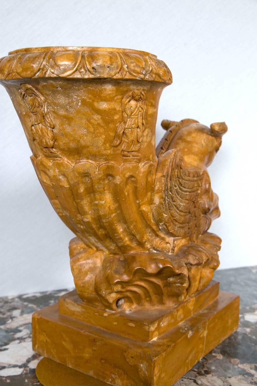 Pair of Solid Marble Rhyton Forms with Winged Rams For Sale 1