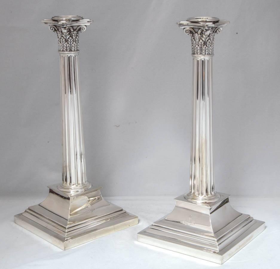 American Beautiful Pair of Tiffany Sterling Silver Corinthian Column Candlesticks