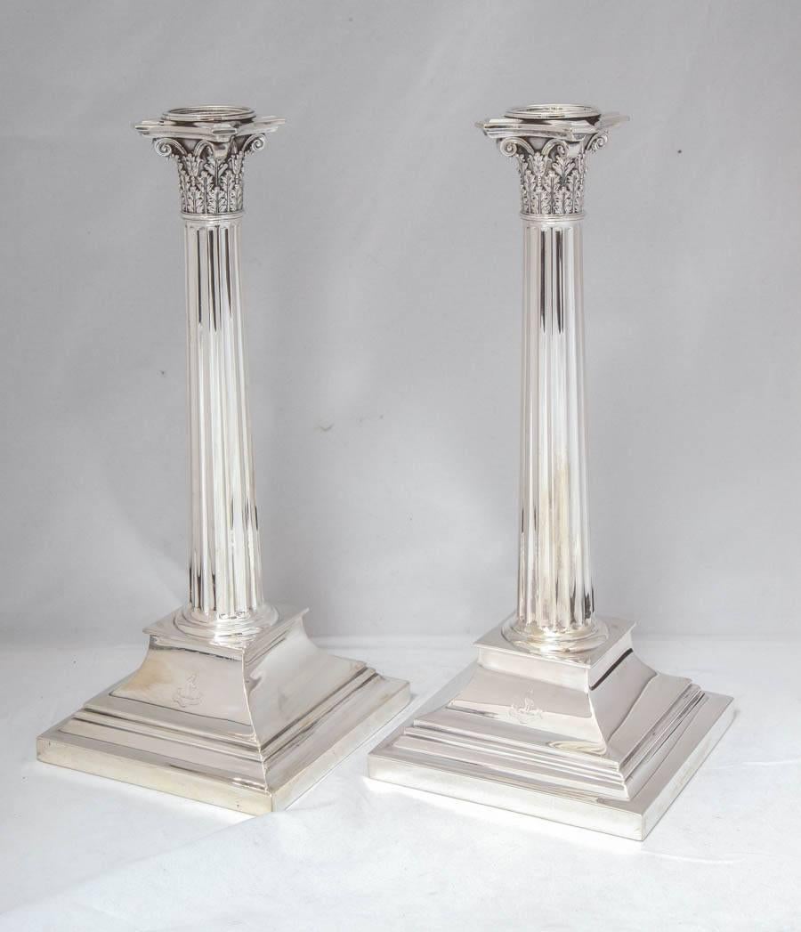 Beautiful Pair of Tiffany Sterling Silver Corinthian Column Candlesticks In Excellent Condition In New York, NY