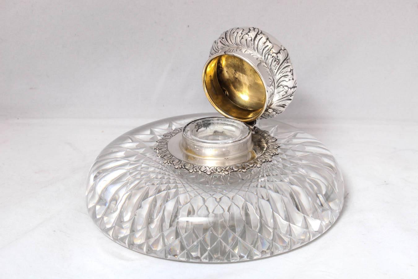 American Very Large Victorian Tiffany Sterling Silver-Mounted Crystal Inkwell