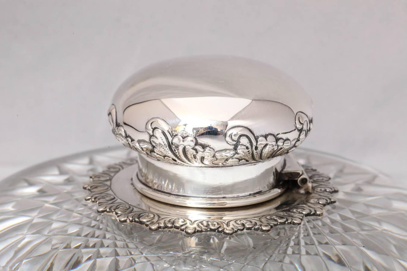 Late 19th Century Very Large Victorian Tiffany Sterling Silver-Mounted Crystal Inkwell