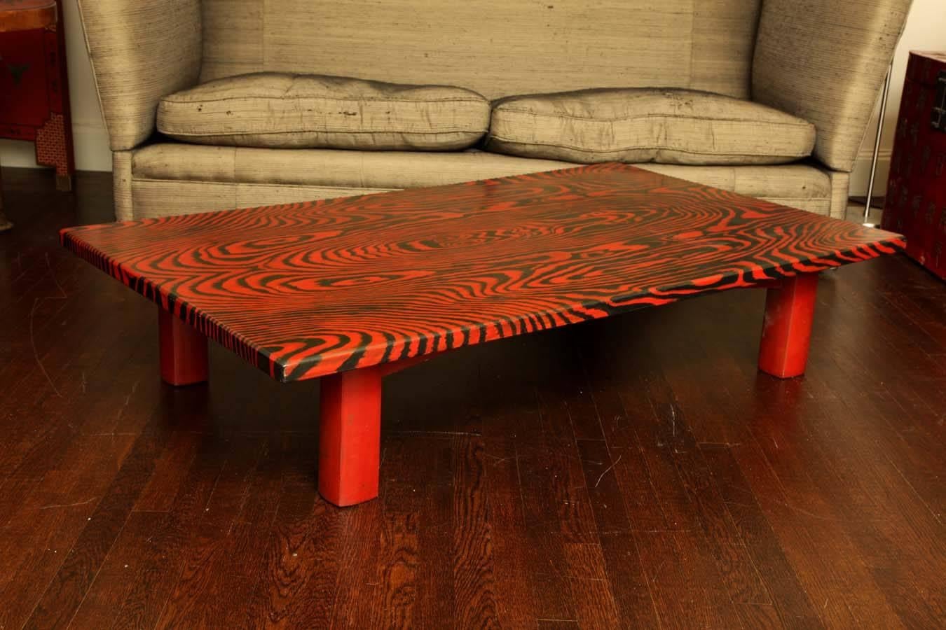 Japanese Unusual Red and Black Faux Bois Lacquer Low Table