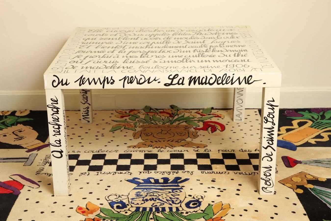 Designed in 1981, this is an important piece in the career of artist and fashion designer Jean-Charles de Castelbajac (Morocco, 1949). Castelbajac first used literary text as ornament in the 1970s. This table is covered in names of characters from
