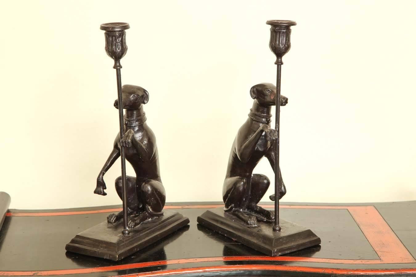 Late 20th Century Vintage Pair of Bronze Greyhound Candleholder cum Bookends
