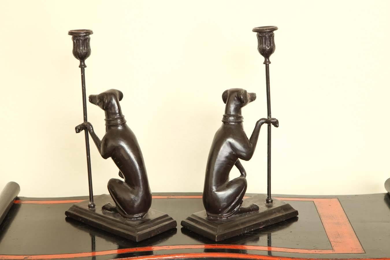 Vintage Pair of Bronze Greyhound Candleholder cum Bookends 1