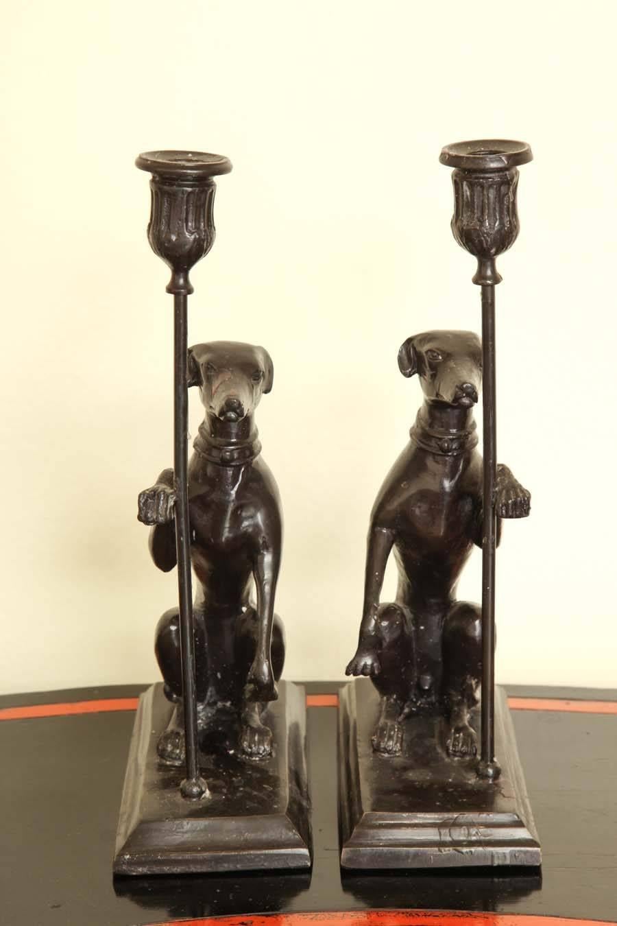 Vintage Pair of Bronze Greyhound Candleholder cum Bookends 2
