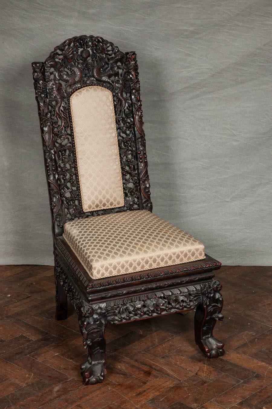 Carved Pair 19th Century Chinese Hardwood Side Chairs