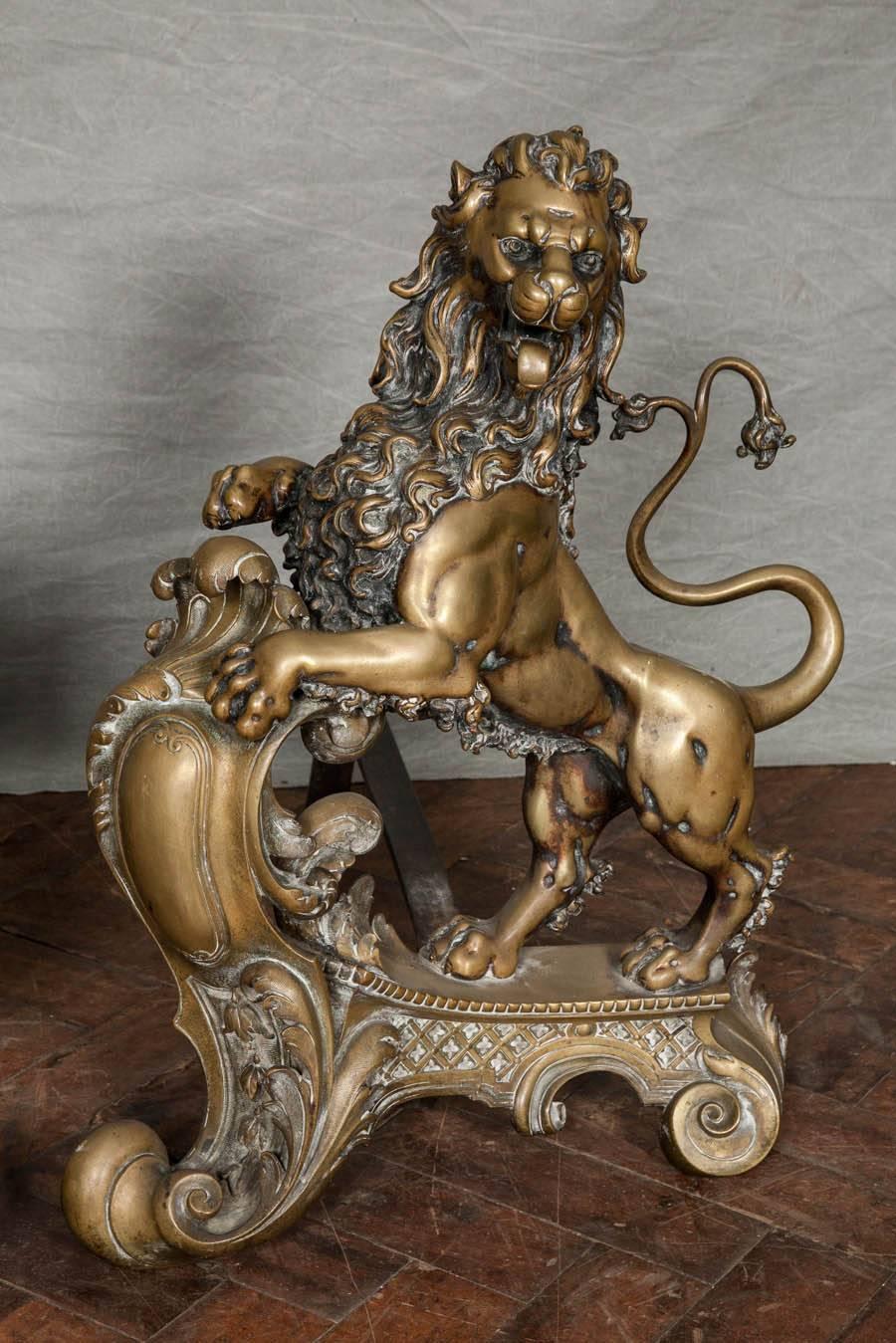 Late 19th Century Pair of 19th Century Lion Fire Dogs/ Chenets