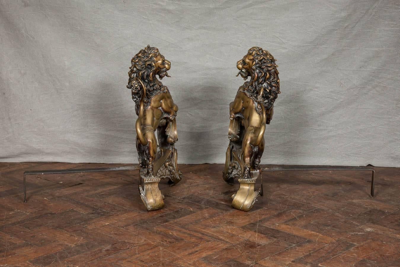 Pair of 19th Century Lion Fire Dogs/ Chenets 1