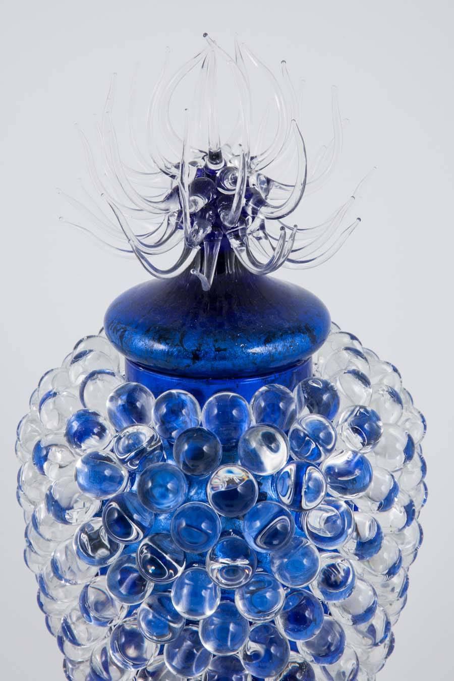 Belgian Empoli Jar with Thistle, a unique clear & blue glass vessel by James Lethbridge