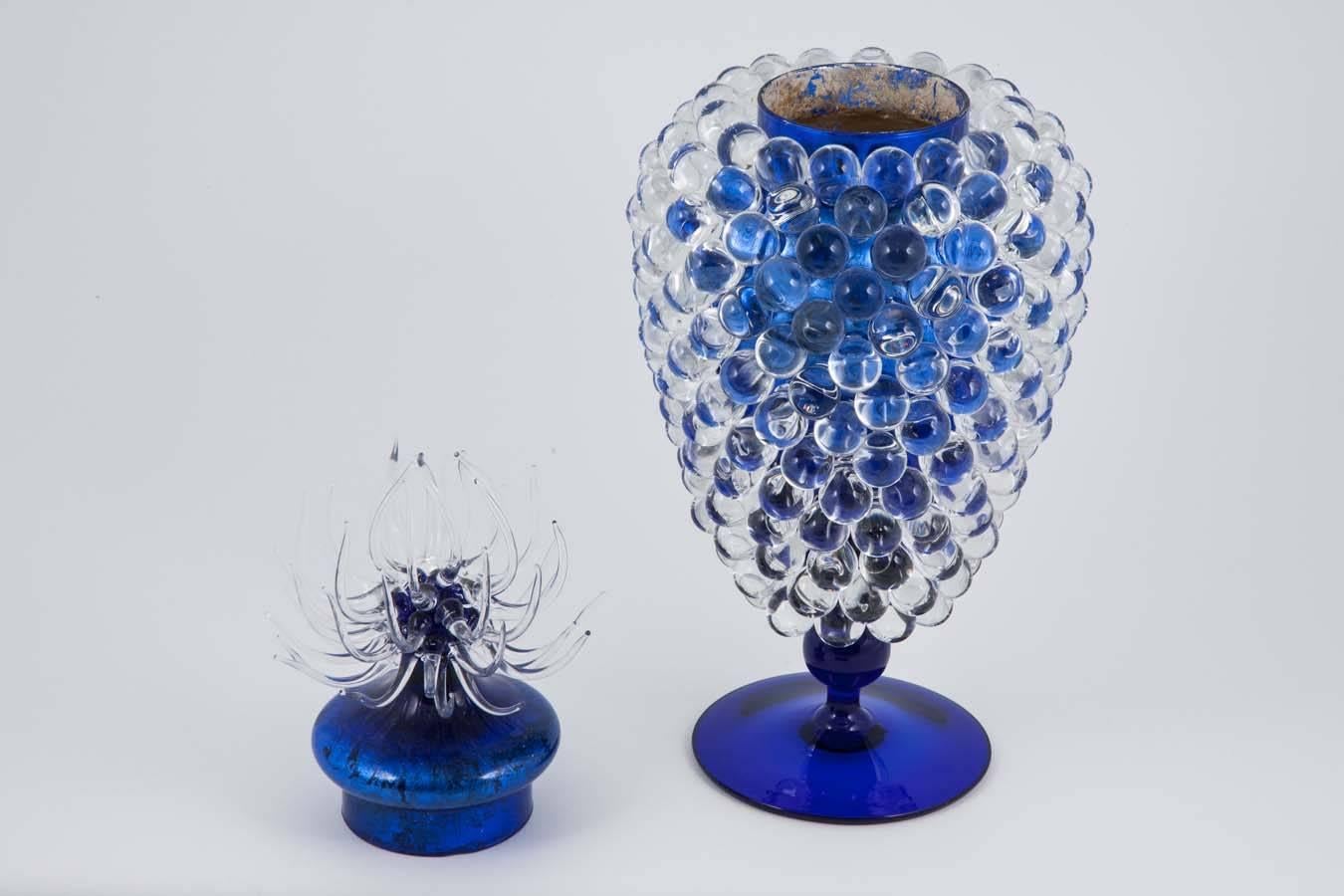 Hand-Crafted Empoli Jar with Thistle, a unique clear & blue glass vessel by James Lethbridge