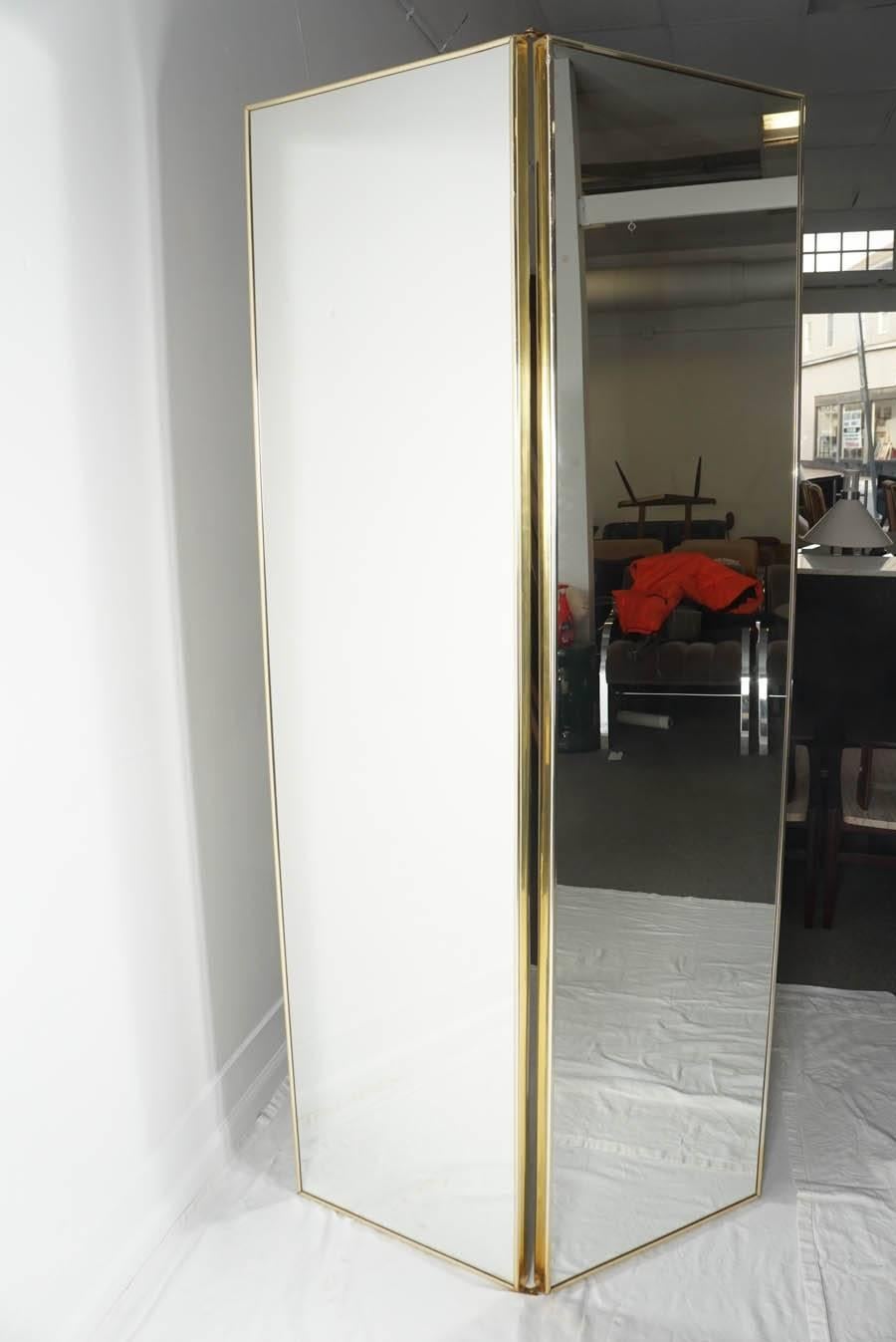 1970s Double Panel Floor Mirror with Brass Detail In Excellent Condition In Canaan, CT