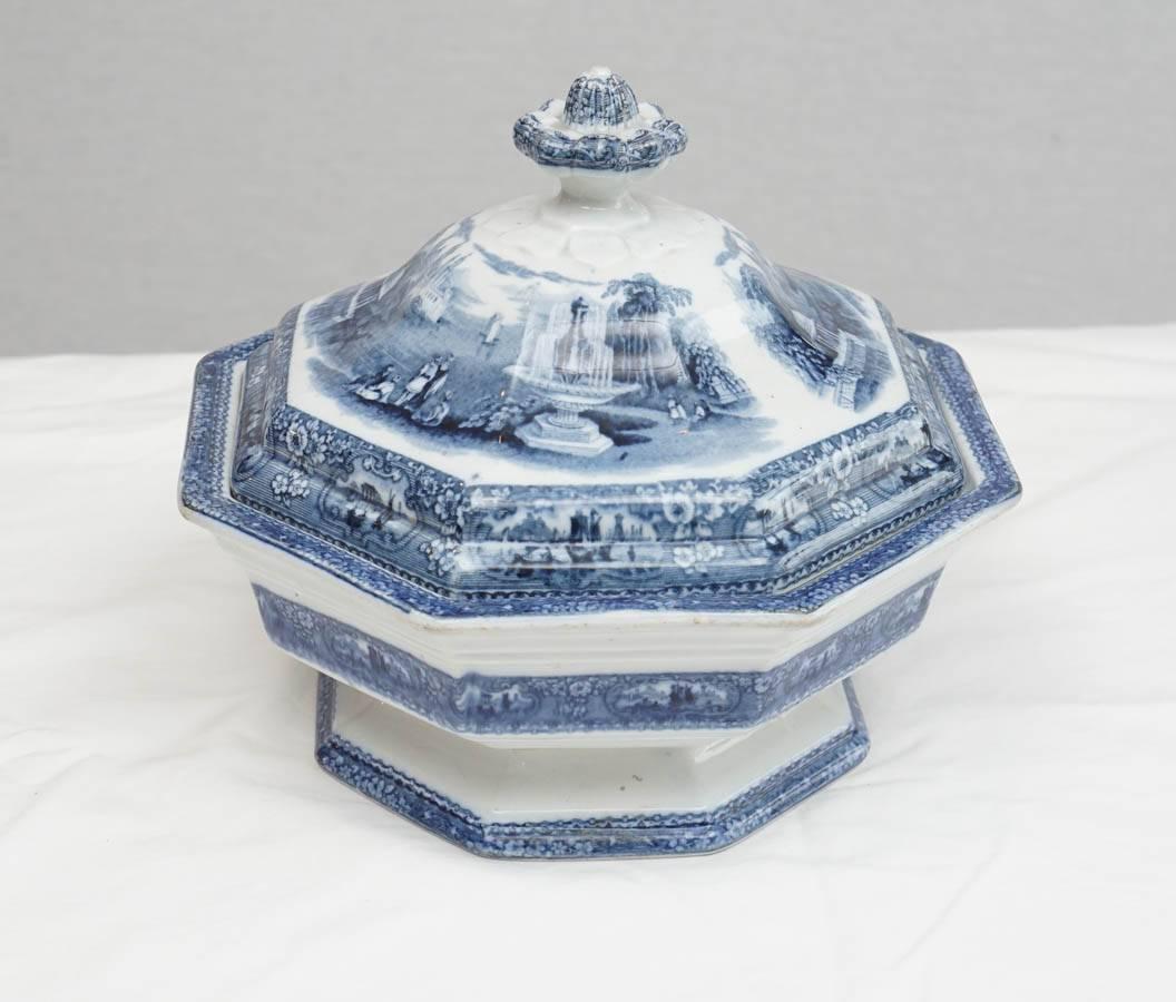Lovely covered bowl that was wonderfully decorated inside and out. The cover is intact and without chips or repair, a welcome find in a piece of this age.
This piece could stand alone or as part of a collection for the person that loves period blue