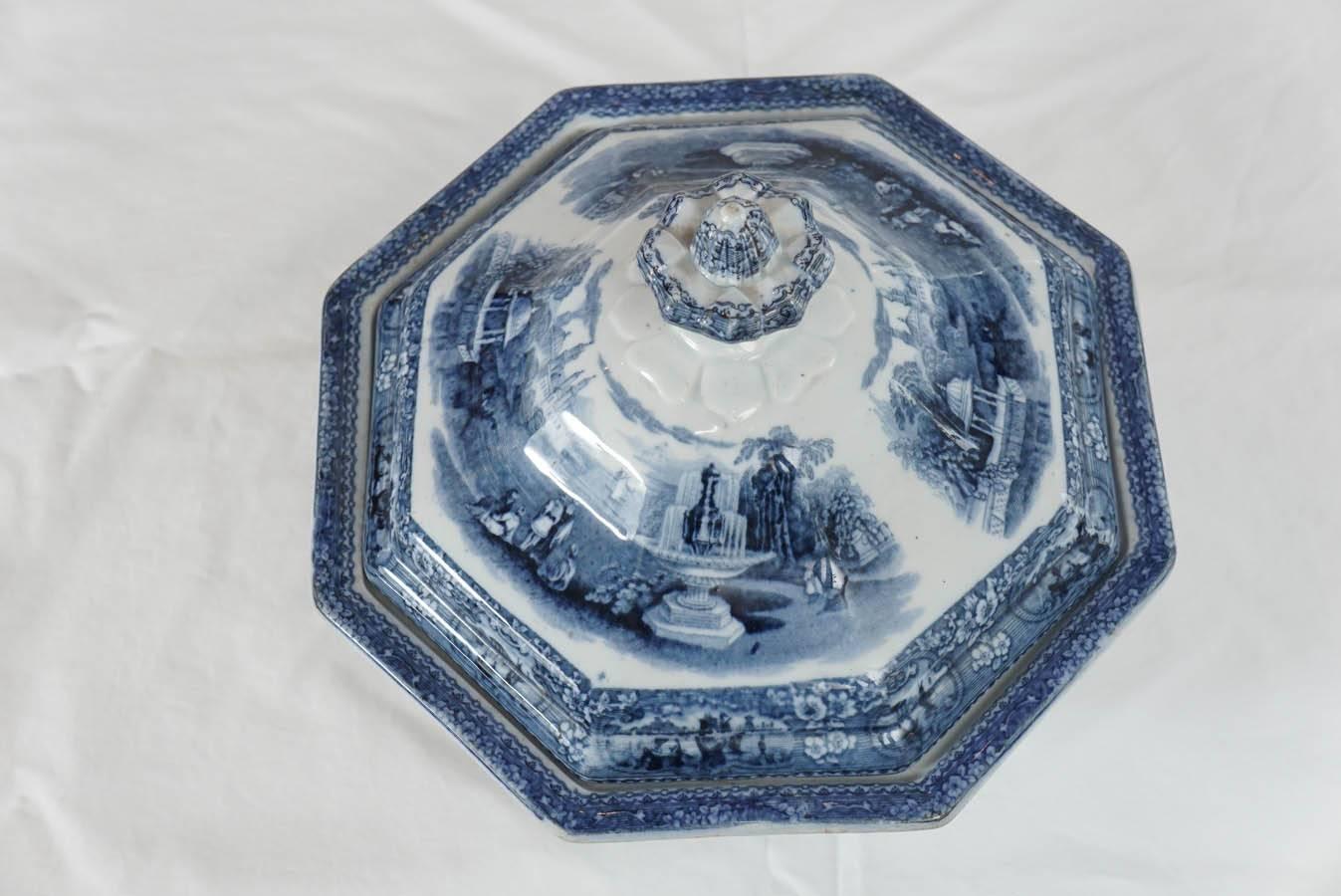 Late Victorian Staffordshire Blue & White Transfer Decorated Covered Bowl/Tureen, 19th Century