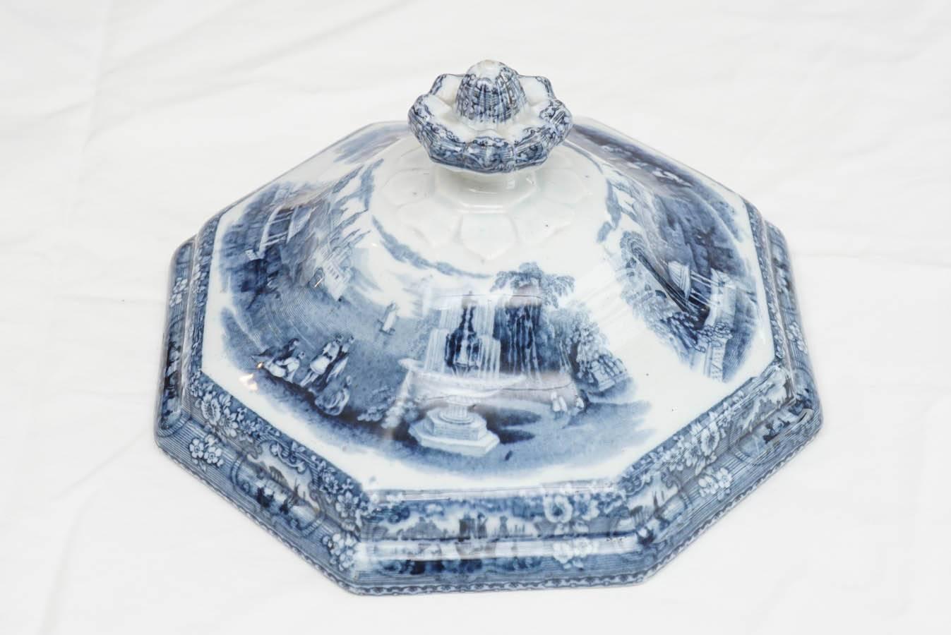 Staffordshire Blue & White Transfer Decorated Covered Bowl/Tureen, 19th Century In Good Condition In Sheffield, MA