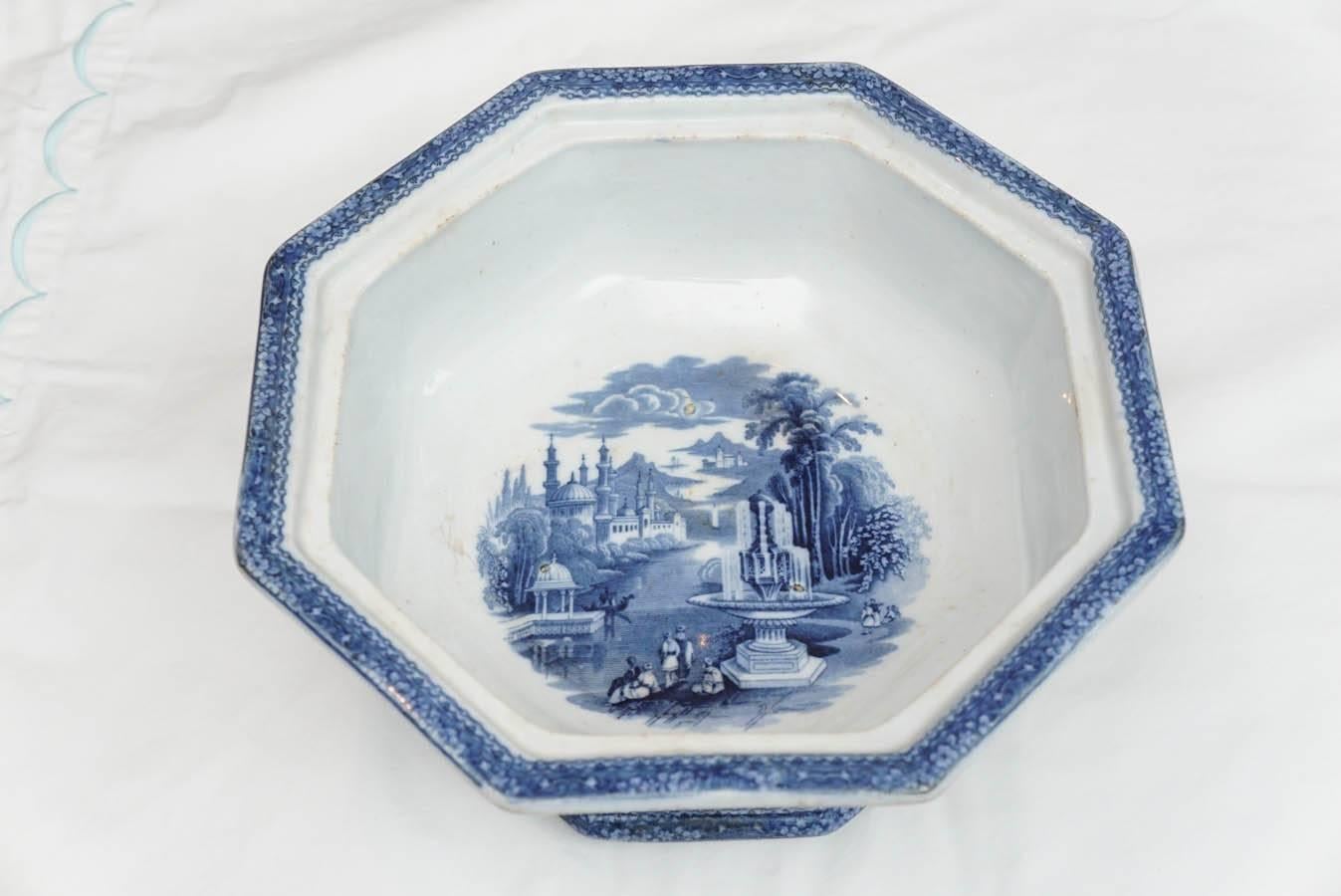 Staffordshire Blue & White Transfer Decorated Covered Bowl/Tureen, 19th Century 1